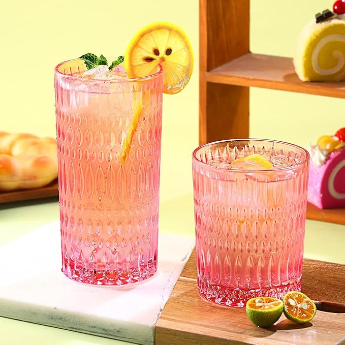 Glassware Drinking Glasses Set of 8, 14 oz Highball Glasses & 10 oz Ribbed Glass Cups, Vintage Glassware for Water, Juice, Cocktail, Whiskey (Pink)