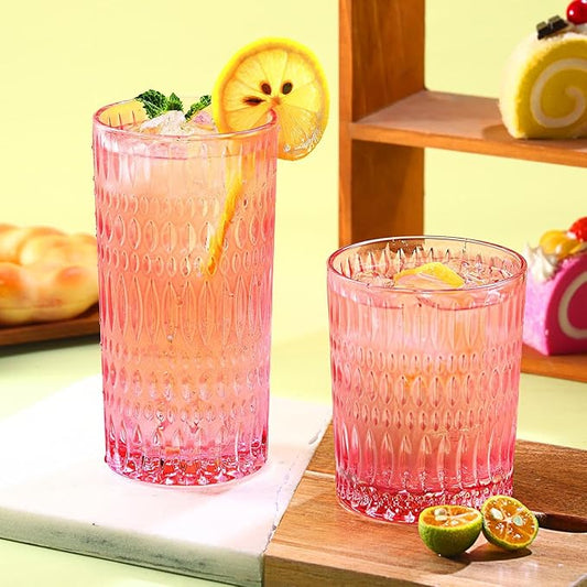 Glassware Drinking Glasses Set of 8, 14 oz Highball Glasses & 10 oz Ribbed Glass Cups, Vintage Glassware for Water, Juice, Cocktail, Whiskey (Pink)