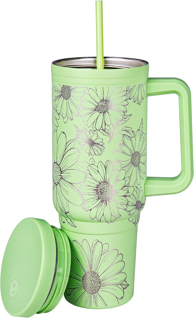 Engraved Daisy 40oz Insulated Tumbler with Handle, Lid & Straw - Use for Water, Tea, Coffee & More-Disabled USMC Vet Owned Small Business-Daisy 40oz Tumbler