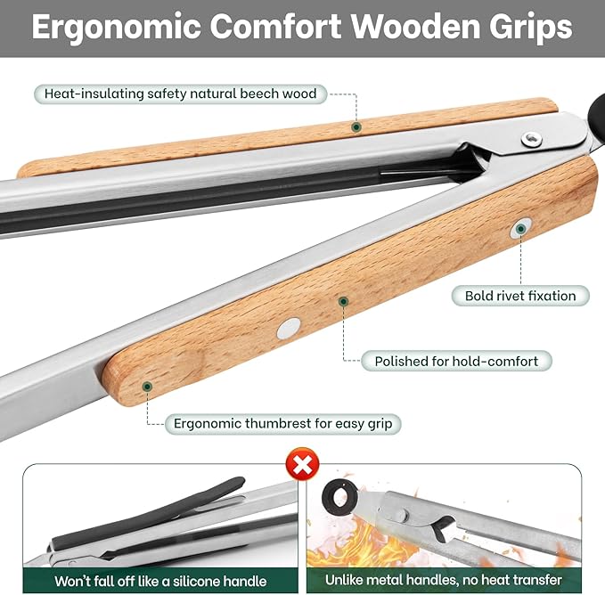 Beneno 12-Inch Stainless Steel Kitchen Tongs for Cooking with Heat-Insulating Wooden Grip Handle, Heavy Duty Heat-Resistant Metal Locking Tongs with Strong Scalloped Tips for Cooking, BBQ, Grab Food
