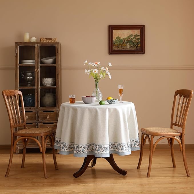 Floral Tablecloth for Round Tables,Linen Table Cloth with Thorny Vine Flower Pattern,Heavy Durable Table Cover for Dining Thanksgiving Kitchen Decor Party Christmas,Diameter 55"