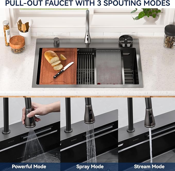 Lordear 33 Waterfall Kitchen Sink Black 33"x22" Drop In Kitchen Sinks Workstation Gunmetal Black 16 Gauge Single Bowl Topmount Handmade Sinks with Pull Out Faucet,Split Faucet Style