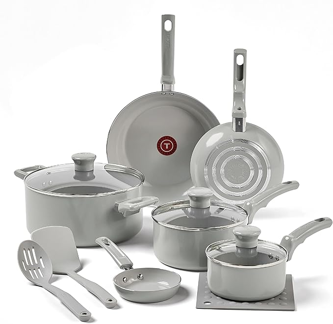 T-Fal Refresh Ceramic Nonstick Cookware Set, 12-Piece Ceramic Pots and Pans Set, Includes Stockpot, Griddle, Frying Pans, Utensils, Moon Grey