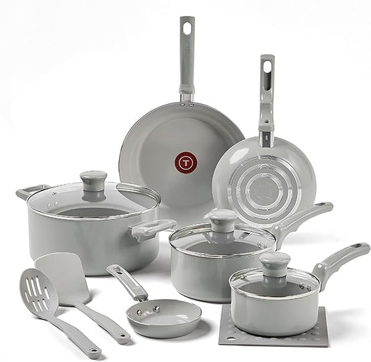 T-Fal Refresh Ceramic Nonstick Cookware Set, 12-Piece Ceramic Pots and Pans Set, Includes Stockpot, Griddle, Frying Pans, Utensils, Moon Grey