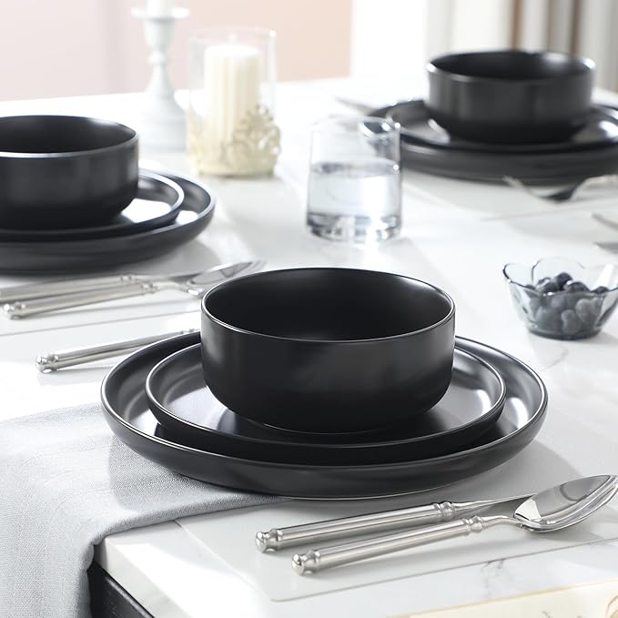 MALACASA Plates and Bowls Sets, 12 Pieces Porcelain Dinnerware Set for 4 Kitchen Dinner Ware Set Ceramic Dishware Dishes Microwave and Dishwasher Safe, Black, Series LUNA