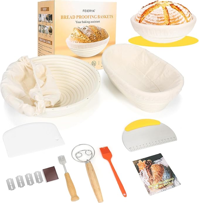 9 & 10 Inch Banneton Bread Proofing Basket Set with Liners,Dough Scraper,Bread Lame & Danish Whisk - Oval and Round Sourdough Baking Kit for Professional & Home Use