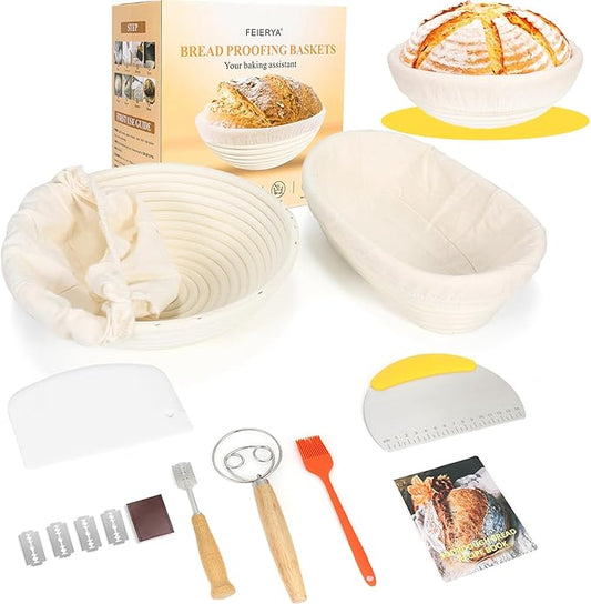 9 & 10 Inch Banneton Bread Proofing Basket Set with Liners,Dough Scraper,Bread Lame & Danish Whisk - Oval and Round Sourdough Baking Kit for Professional & Home Use