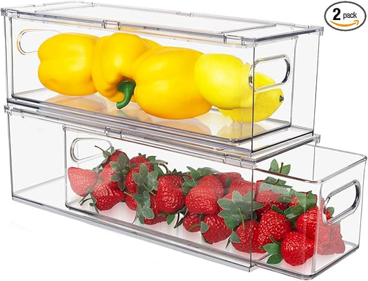 Abiudeng 2 Pack Stackable Refrigerator Organizer Bins with Pull-out Drawer, Drawable Clear Fridge Drawer Organizer with Handle, Plastic Kitchen Pantry Storage Containers