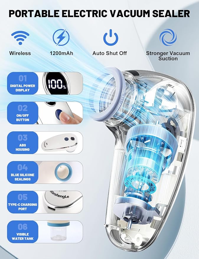 WanshengLe Vacuum Sealer for Food (Compact Vacuum Sealer Machine + Glass Vacuum Container + 5 Reusable Vacuum Bags) Powerful Handheld Vacuum Sealer Machine, Portable Food Sealer, Food Storage