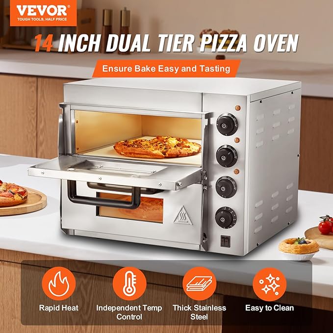 VEVOR Commercial Pizza Oven Countertop, 14" Double Deck Layer, Stainless Steel Electric Pizza Oven with Stone and Handle, Multipurpose Indoor Pizza Maker for Restaurant Home Pretzels Baked