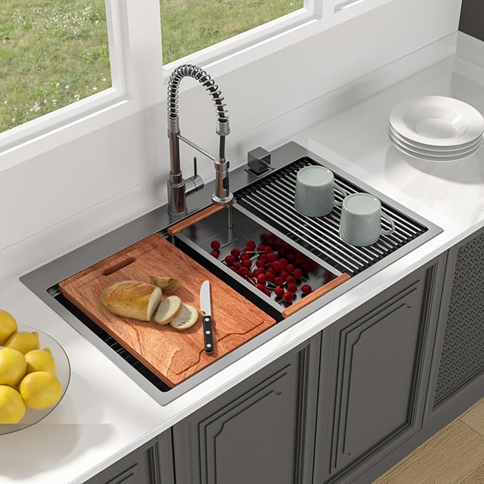 Lordear 36 Inch Black Drop In Kitchen Sink - 36x22x10 Inch Drop in Top Mount Sink 16 Gauge Stainless Steel Single Bowl Ledge Worktation Kitchen Sinks Handmade Deep Basin With Cutting Board