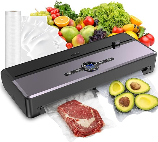 Sealer Machine for Food Storage, 85KPA Strong Suction, Dry/Moist Mode, Automatic Seal in 10-20 Seconds with 10 Vacuum Bags & 1 Roll, Built-in Cutter, Bag Storage & Vacuum Hose, for Home Kitchen Use