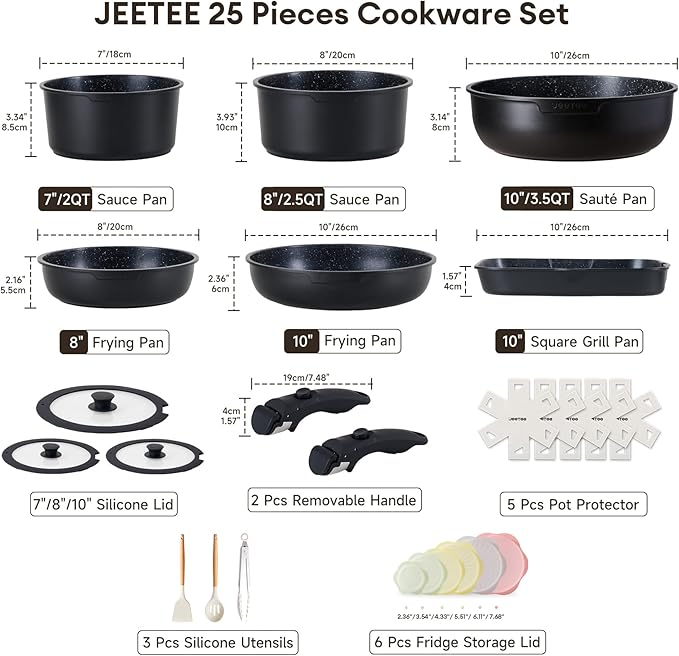 JEETEE Nonstick Pots and Pans Set with Removable/Detackable Handle (Black, 25 Pieces)