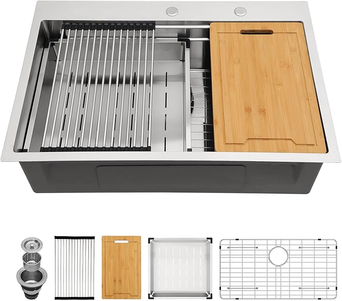 33 Drop In Kitchen Sink - Lordear 33x22 Inch Topmount Single Bowl Kitchen Sink 16 Gauge Stainless Steel Workstation Sinks with Double Ledges