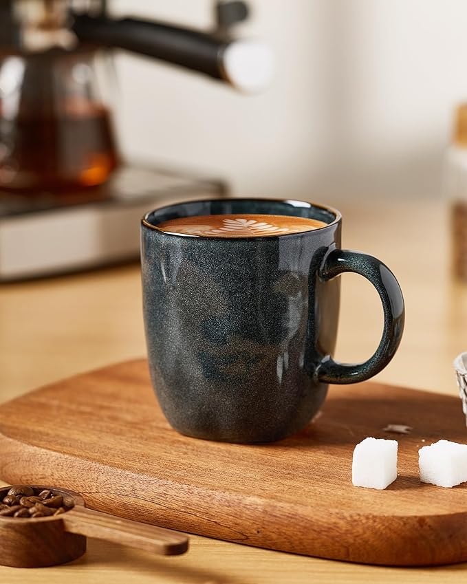 famiware Coffee Mugs Set of 6, Ocean Square 13oz Coffee Cup Set with Handle for Cocoa, Milk, Hot Chocolate, Tea, Water, Stoneware Cups for Kitchen, Microwave and Dishwasher Safe, Deep Forest