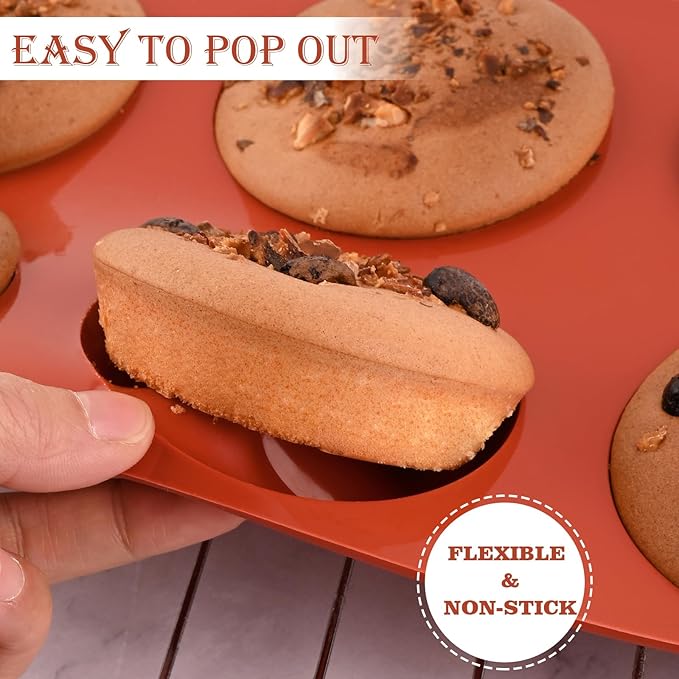 Sakolla 3 Pack Muffin Top Pans, 6 Cavities Silicone Egg Molds for Breakfast Sandwiches, Whoopie Pies, Hamburger Bun, English Muffins, Tarts, Corn Bread (Brick Red) ﻿ ﻿