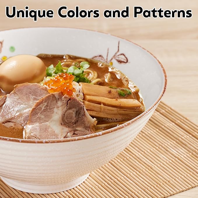 40 OZ ceramic ramen bowls, 8 IN large Japanese noodle soup bowl, match chopsticks and spoons, suitable for Pho, Udon Asian noodles (Flowers and birds)