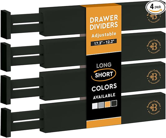 4 Pack Drawer Divider - Bamboo 2.6" High, 12.5-17" Adjustable Drawer Organizers for Clothes, Expandable Dresser Separators in Bedroom, Bathroom, Kitchen, Office Organization and Storage (Black)