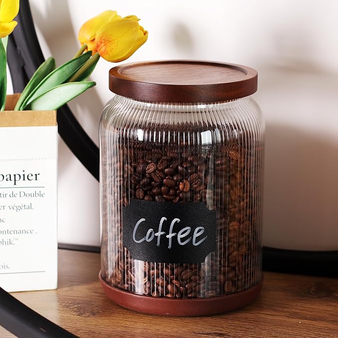 SAIOOL 2-Pack Striped Borosilicate Glass Airtight Canisters - Big mouth Large Capacity, Acacia Wood Lid, Food Storage Jars for Flour, Pasta, Pantry Organization (3/4 Gallon （2 Striped pack）)