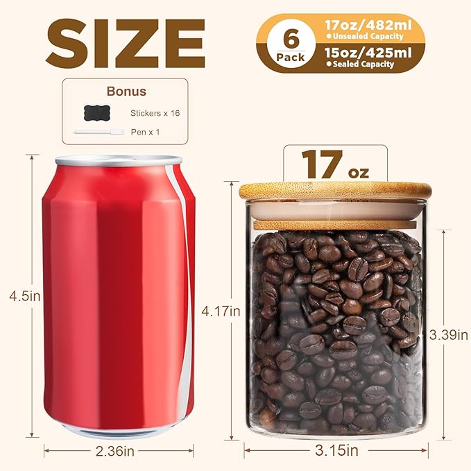 17oz Glass Food Storage Jars, Glass Jars with Bamboo Lids, Kitchen Storage Jars, Set of 12, Canisters with Airtight Lids for Spice, Coffee, Cookie, Pantry Organizers