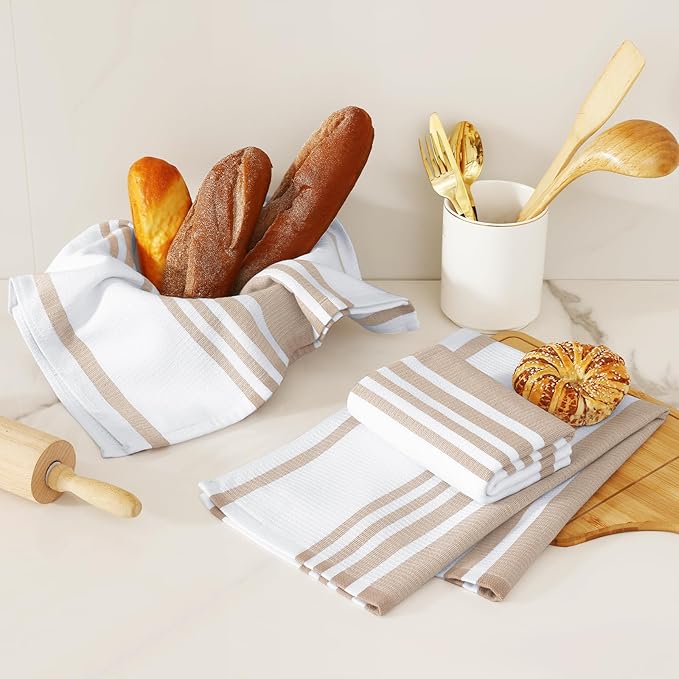 Homaxy Premium Kitchen Towels 18”x 28”, Large Cotton 380 GSM Kitchen Hand Towels, Stripe and Terry Dish Towel, Highly Absorbent Tea Towel Set with Hanging Loop, 6 Pack, Khaki