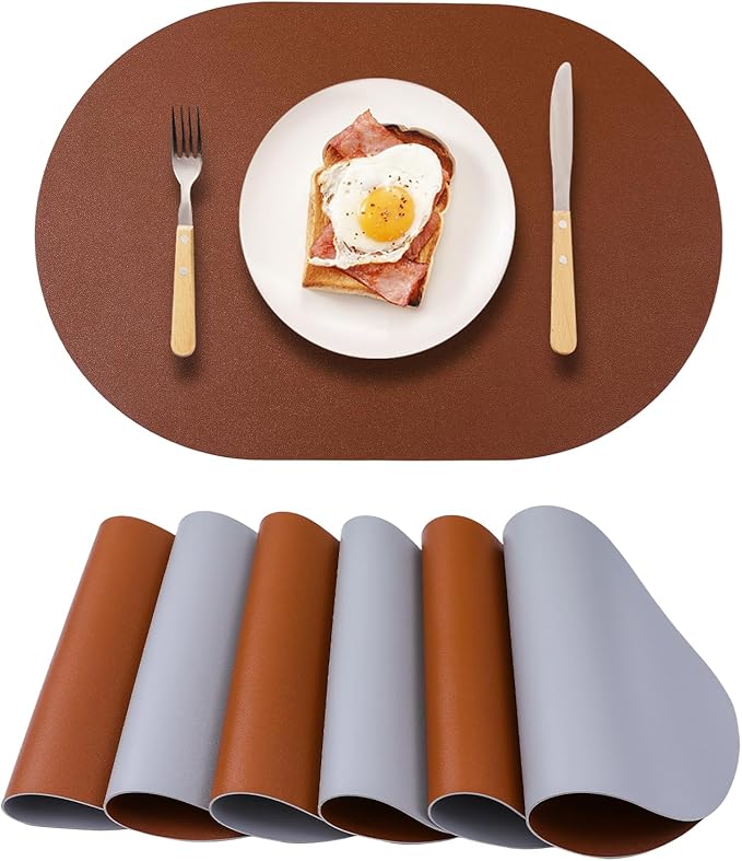 Waterproof Placemats Set of 6 Oval,Reversible Faux Leather Placemat Heat Resistant,Anti Slip Washable Table Placemats for Dining Table,Modern Table Protectors(Brown and Grey)