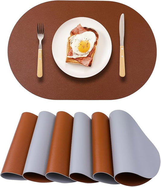 Waterproof Placemats Set of 6 Oval,Reversible Faux Leather Placemat Heat Resistant,Anti Slip Washable Table Placemats for Dining Table,Modern Table Protectors(Brown and Grey)