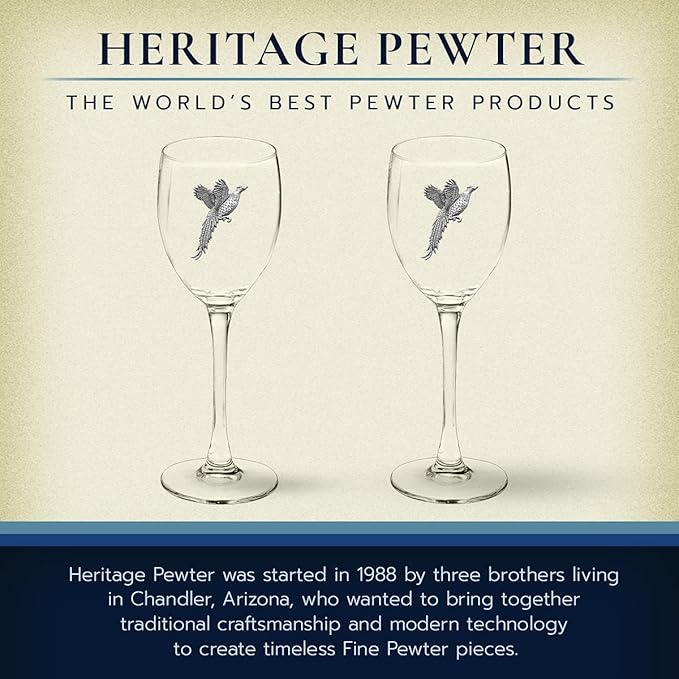 Heritage Pewter Pheasant Glass Goblets – Set of 2 | 12 OZ Goblet Wine Glasses | Expertly Crafted Pewter Glass