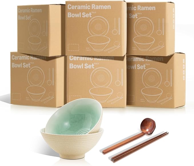 8 Inch Ceramic Ramen Bowl Set of 2, 40oz Japanese Bowls with Spoons & Chopsticks,Durable,Microwave & Dishwasher Safe,Perfect for Ramen,Pho,Salad,Soup,Noodles，Mixing bowls（Cyan Sea）