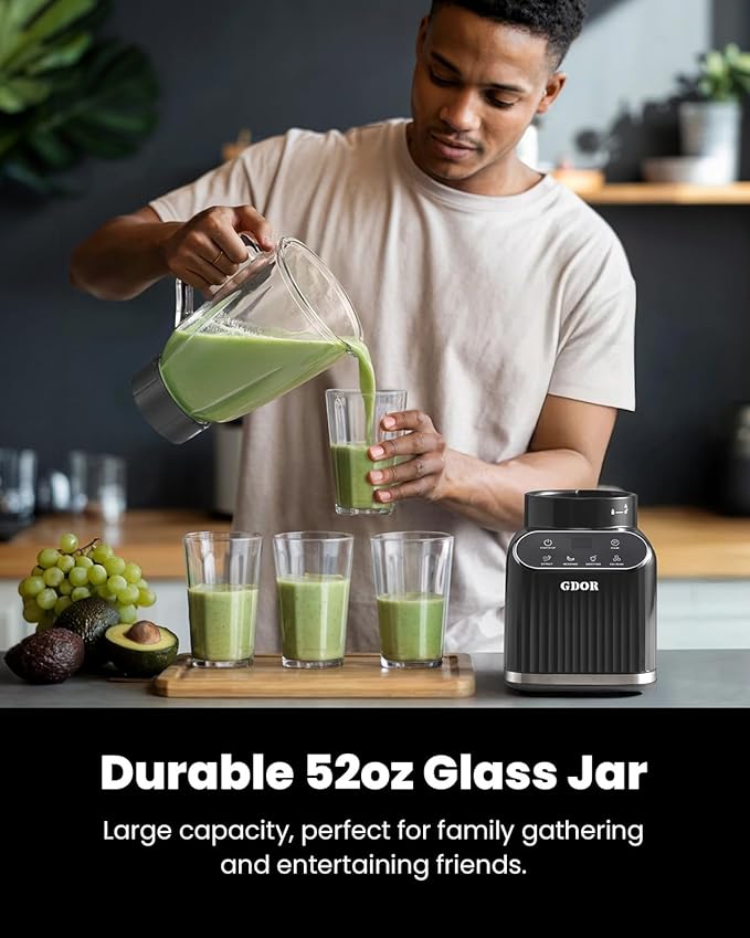GDOR Professional Blender for Smoothies, 5 Functions, 1200 Peak Watts Smoothie Blender, 52 Oz Glass Jar & 24 Oz To-Go Cup Combo, Blenders for Smoothies, Ice and Frozen Fruit, Self-Cleaning, Gray