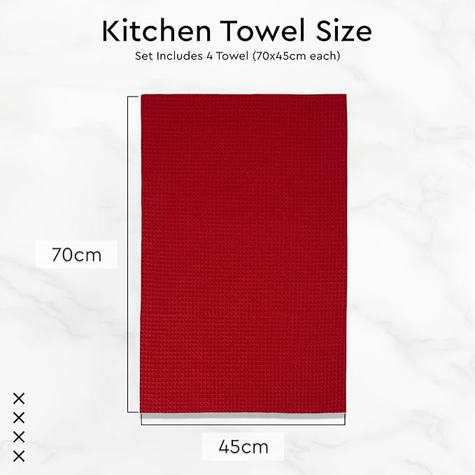 Encasa XO Kitchen Dish Towels Set | Red | Waffle Weave and Flat Hand Tea Towel | 28"x18" | Quick Drying Reusable Cotton Washcloths | Multipurpose Lightweight Dishcloths Set of 4