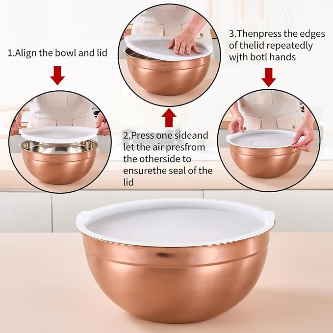 Rose Gold Mixing Bowls with Lids Set of 7, Stainless Steel Nesting Bowl with Khaki Lid for Non-slip Mixing Prepping Storing Serving, 7 Sizes-7/3.6/2.7/2.1/1.5/1/0.8 QT