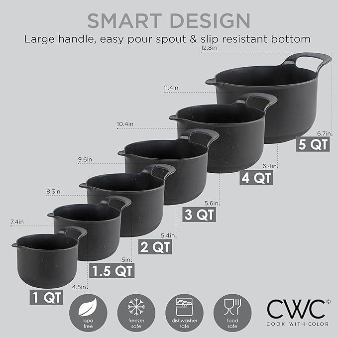 COOK WITH COLOR Nesting Plastic Mixing Bowl Set with Pour Spouts and Handles, Black Speckled, 6 Piece Non-Slip