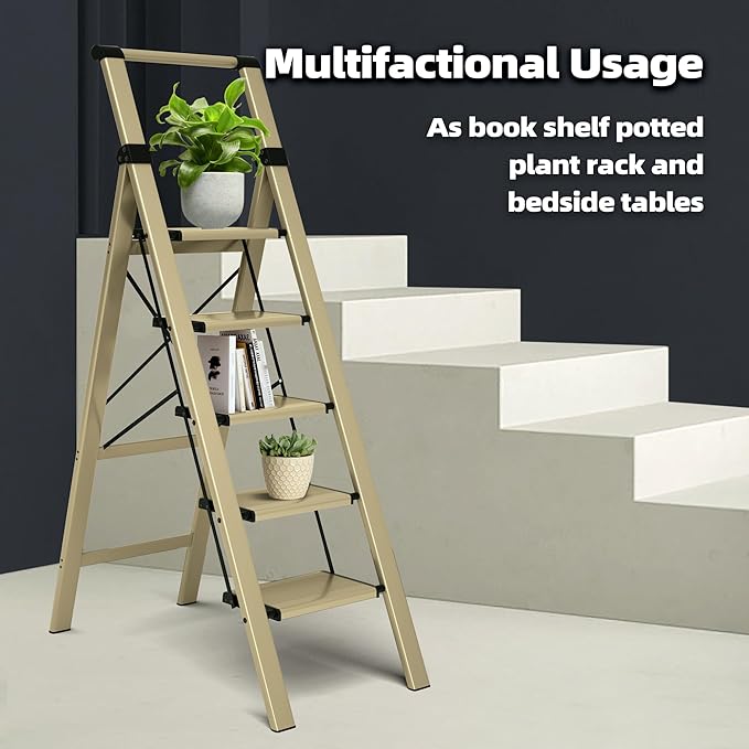 HillhutApex 5 Step Foldable Aluminum Step Ladder with Handgrip, Anti-Slip Pedal, 330 lbs Capacity, Lightweight & Portable for Home, Kitchen, Office, Garage (Gold)