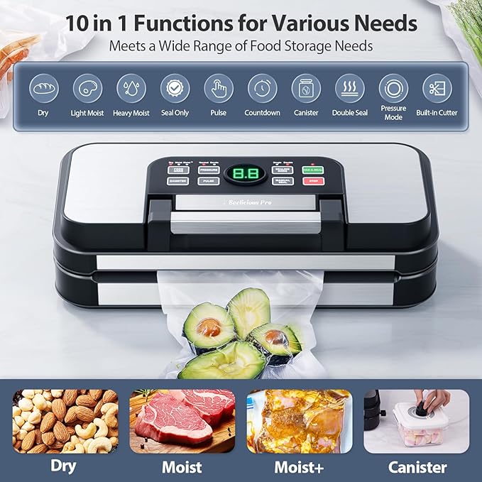 95Kpa Powerful Precision Pro Vacuum Sealer, with Double Heat Seal & Double Pump, Easy-Lock Handle, 10-in-1 Vacuum Sealer Machine for Food with Bags Storage, Built-in Cutter, Stainless Steel