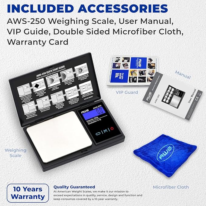 American Weigh Scales Series Digital Pocket Weight Scale Accurately Measures, Backlit LCD Display 250g x 0.1g, (Black), AWS-250-BLK