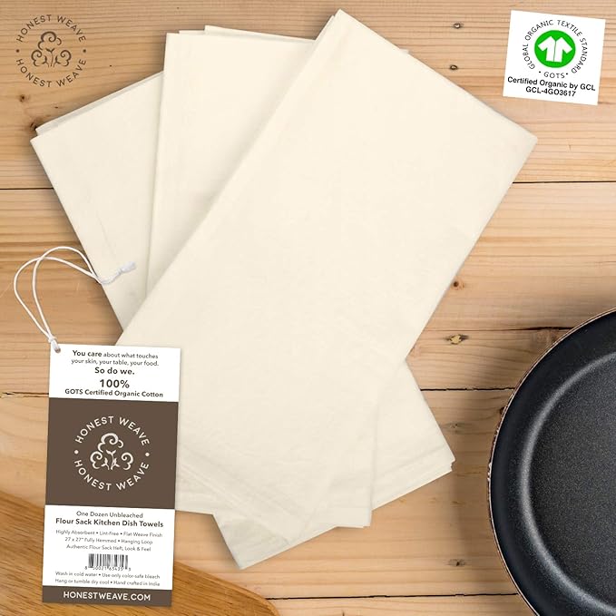 GOTS Certified 100% Organic Flour Sack Cotton Kitchen Hand and Dish Towel Sets - Extra Large 27x27 inches, Fully Hemmed, 12-Pack, Natural Tan