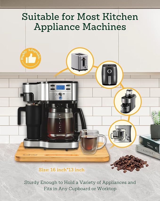 Bamboo Appliance Slider, Sliding Tray for Coffee Maker, Kitchen Countertop Appliance Rolling Tray, Coffee Pot Slider Tray with Rubber Wheels, Wide - Large (16"D x 13"W)