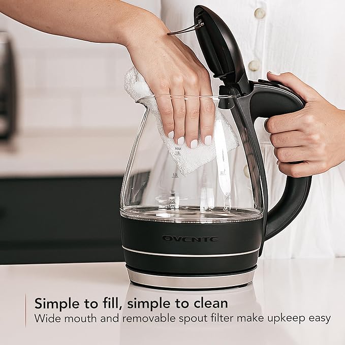 OVENTE Electric Kettle, 1.5L Borosilicate Glass Countertop Water Heater and Boiler for Coffee or Tea, BPA-Free, Auto Shut-Off, Boil-Dry Protection, Removable and Washable Spout Filter, Black KG83B