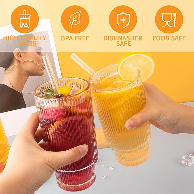 8 Pcs 11oz Ribbed Glass Cups With Bamboo Lids, Stackable, Vintage, Suitable for Coffee, Juice, Cocktails, Beer