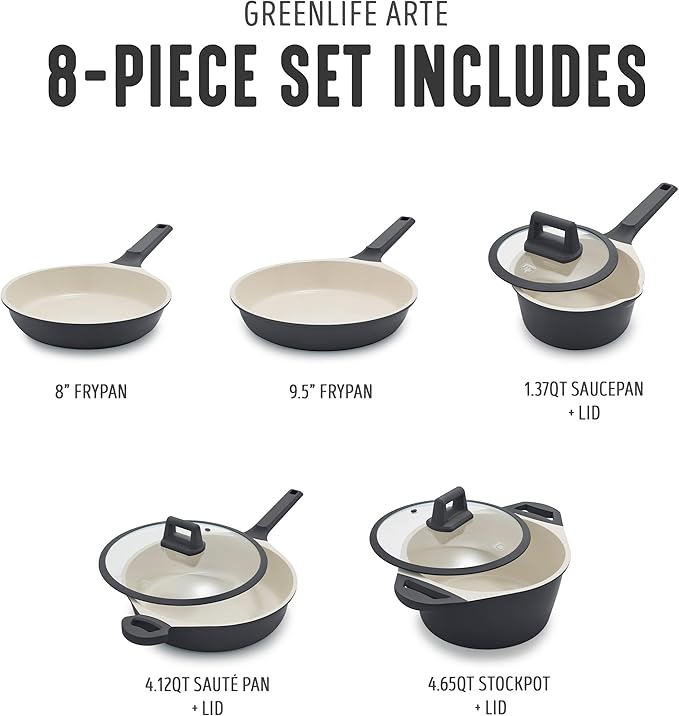 GreenLife 8 Piece Ceramic Nonstick Cookware Set, Induction Suitable Non Toxic PFAS-Free Pots & Pans, Dishwasher Safe, Cooking Set, Stock Pot, Saucepans & Frying Pans, Kitchen Cooking, Graphite