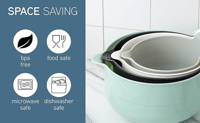 COOK WITH COLOR Nesting Plastic Mixing Bowl Set with Pour Spouts and Handles, Mint, 4 Piece Non-Slip
