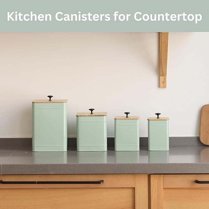 PERFNIQUE Kitchen Canisters, Airtight Canister Sets of 4 for Kitchen Counter, Sage Green Kitchen Accessories, Coffee Tea Sugar Flour Spice Tin Jars Food Storage (Sage Green)