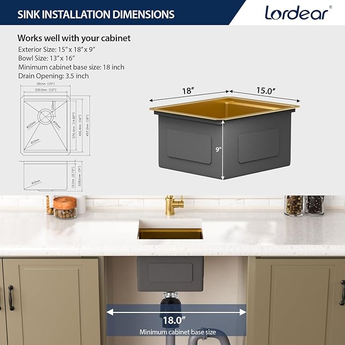 Lordear Gold Undermount Bar Sink 15x18x9 Inch Kitchen Sink Workstation 16 Gauge Stainless Steel Small Single Bowl