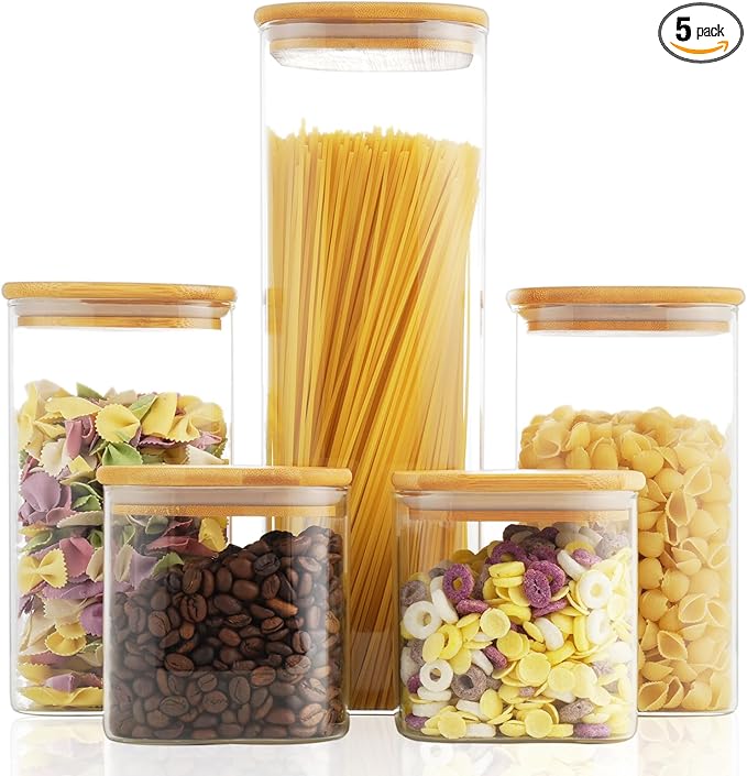 5 Set Glass Jars with Bamboo Lids, Square Food Storage Containers, Glass Pantry Storage Containers with Lids for Pasta, Cereal, Flour, Sugar