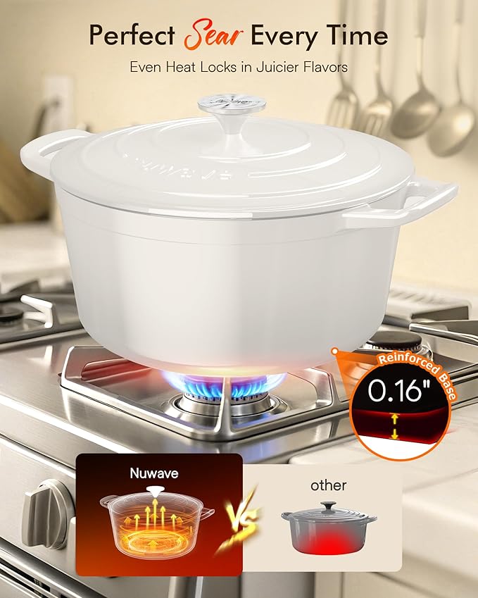 Nuwave 6QT Healthy Enameled Cast Iron Dutch Oven Pot with Lid, Heavy Duty 7-Layer Enamel, Enhanced Rust Protection, Dual Handles, Oven Safe to 500°F for Sourdough Bread Baking, Braise, Stew, Roast