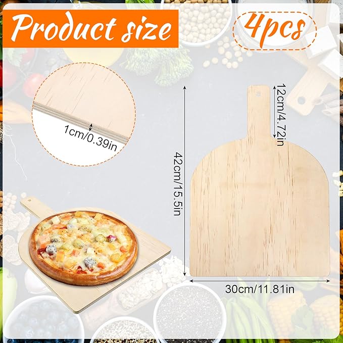 4 Pcs Wooden Pizza Peel 12 Inch, Large Wooden Pizza Spatula Paddle with Wood Handle, Natural Cutting Board Pie Platters for Restaurant Baking Homemade Bread Cutting Fruit Vegetables Cheese