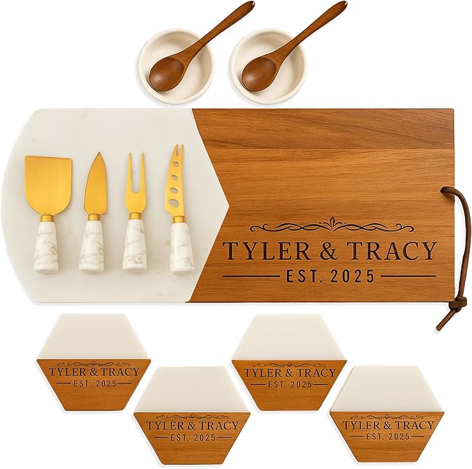 Personalized Charcuterie Board Gift Set – Acacia & Marble Cheese Board with Utensils, Custom Wedding & Housewarming Gifts for Couples, Christmas, Bridal Shower or Engagement Gift for Women & Men