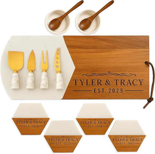 Personalized Charcuterie Board Gift Set – Acacia & Marble Cheese Board with Utensils, Custom Wedding & Housewarming Gifts for Couples, Christmas, Bridal Shower or Engagement Gift for Women & Men