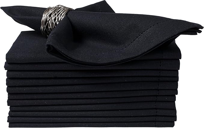 Bedding Craft Cloth Dinner Napkins Set of 12 – 18x18 Jet Black Linen-Look Hemstitched – Reusable Machine Washable Fabric Napkins for Weddings, Events & Everyday Dining